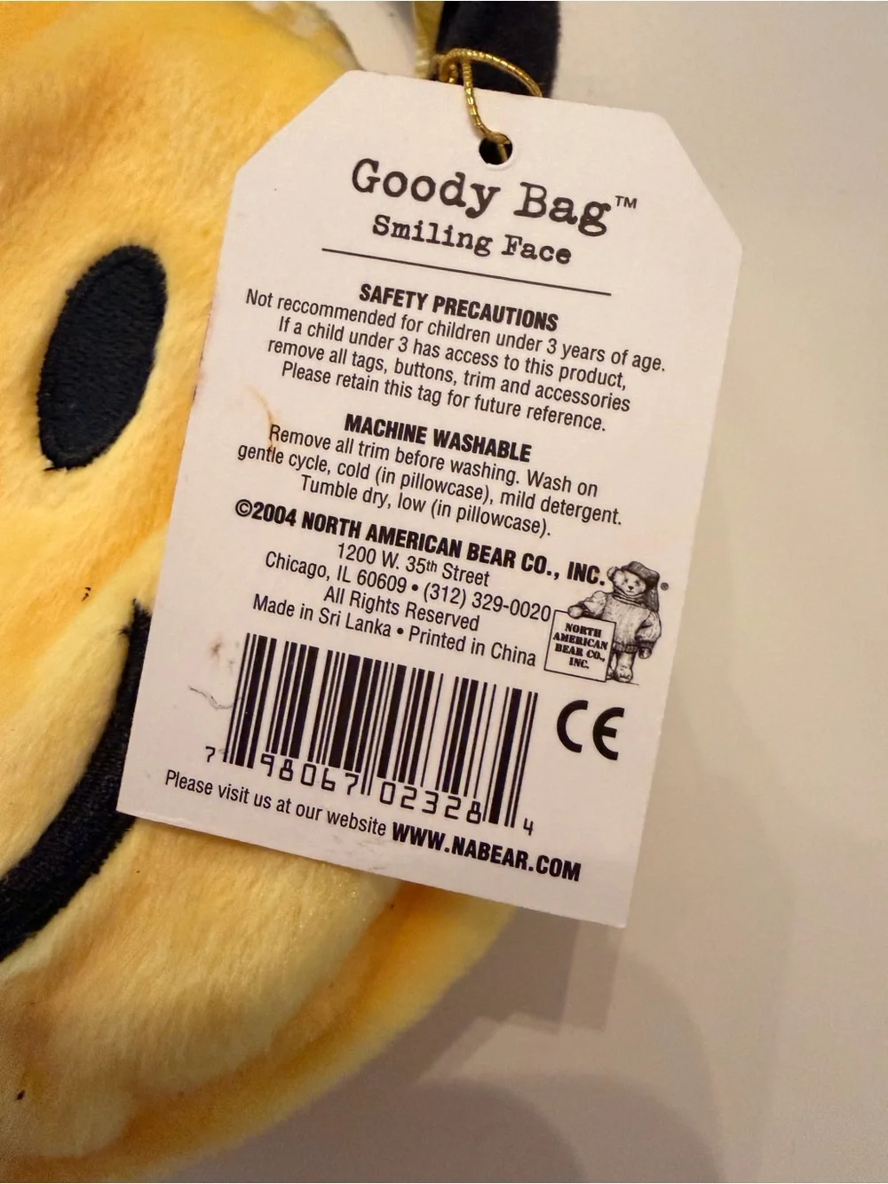 VTG North American Bear Co Smiley Face Plush Goody Bag Purse Tote Yellow NWT